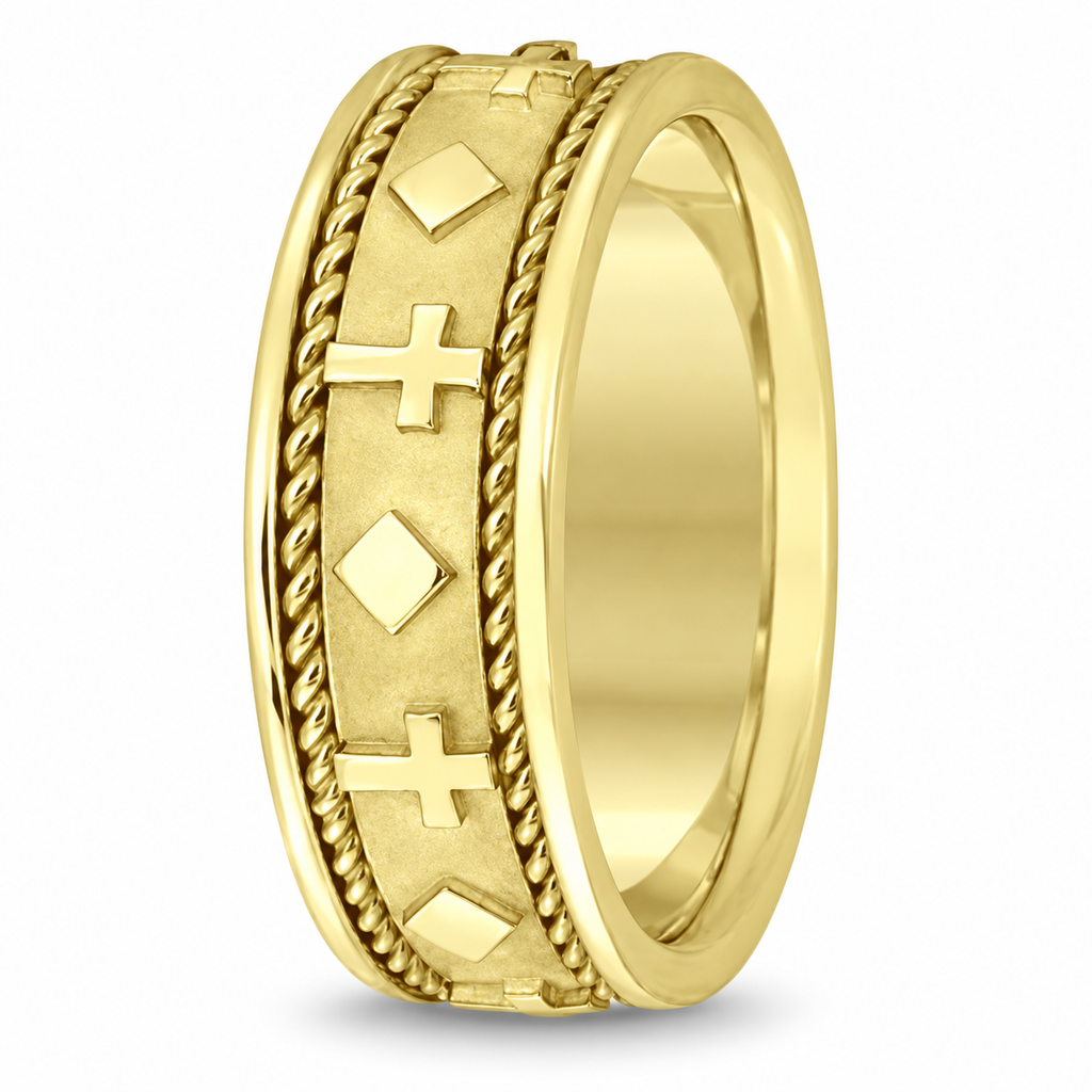 Yellow gold cross wedding band upright alternate view