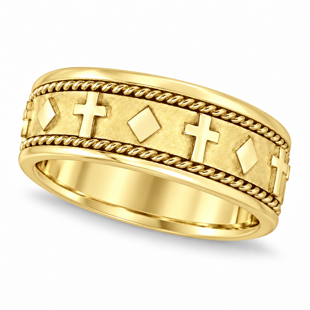 Handmade 8.5mm cross wedding band in 14k yellow gold — corrected angled hero on white