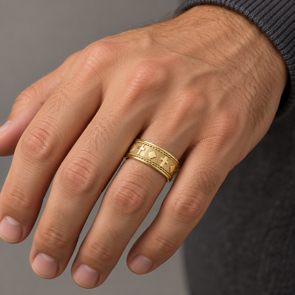 8.5mm yellow gold cross wedding band on male hand