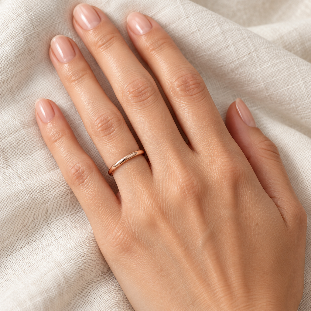 Dome Comfort Fit Wedding Ring Band 14k Rose Gold (2mm) - female hand
