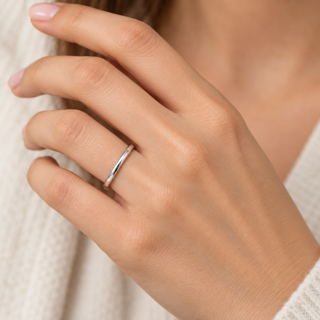 Dome Comfort Fit Wedding Ring Band 18k White Gold (2mm) — Female hand wearing 2mm wedding band