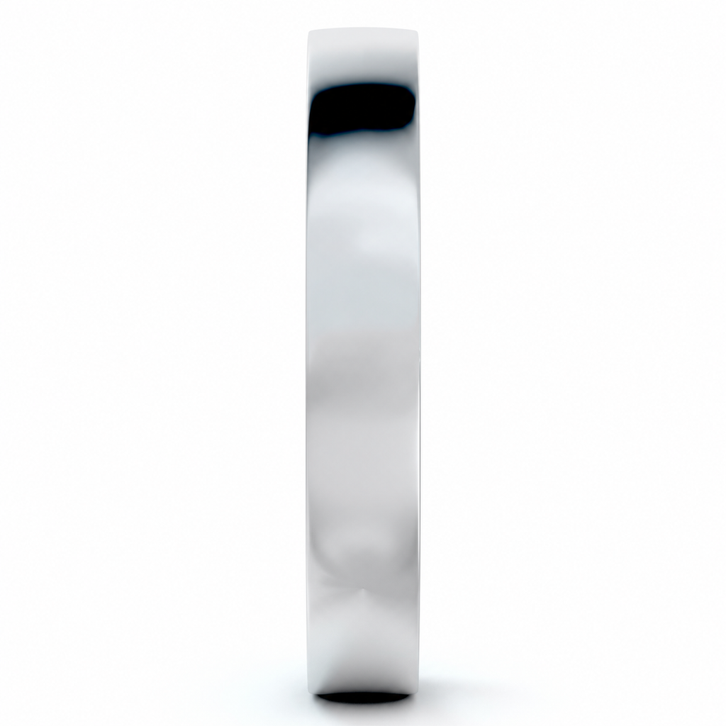 14k white gold 3mm flat comfort-fit wedding band — clean edge view with soft natural ground shadow