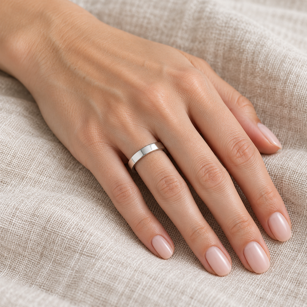 14k White Gold Wedding Band Plain Ring Flat Comfort Fit (3mm) — Female Hand wearing wedding band