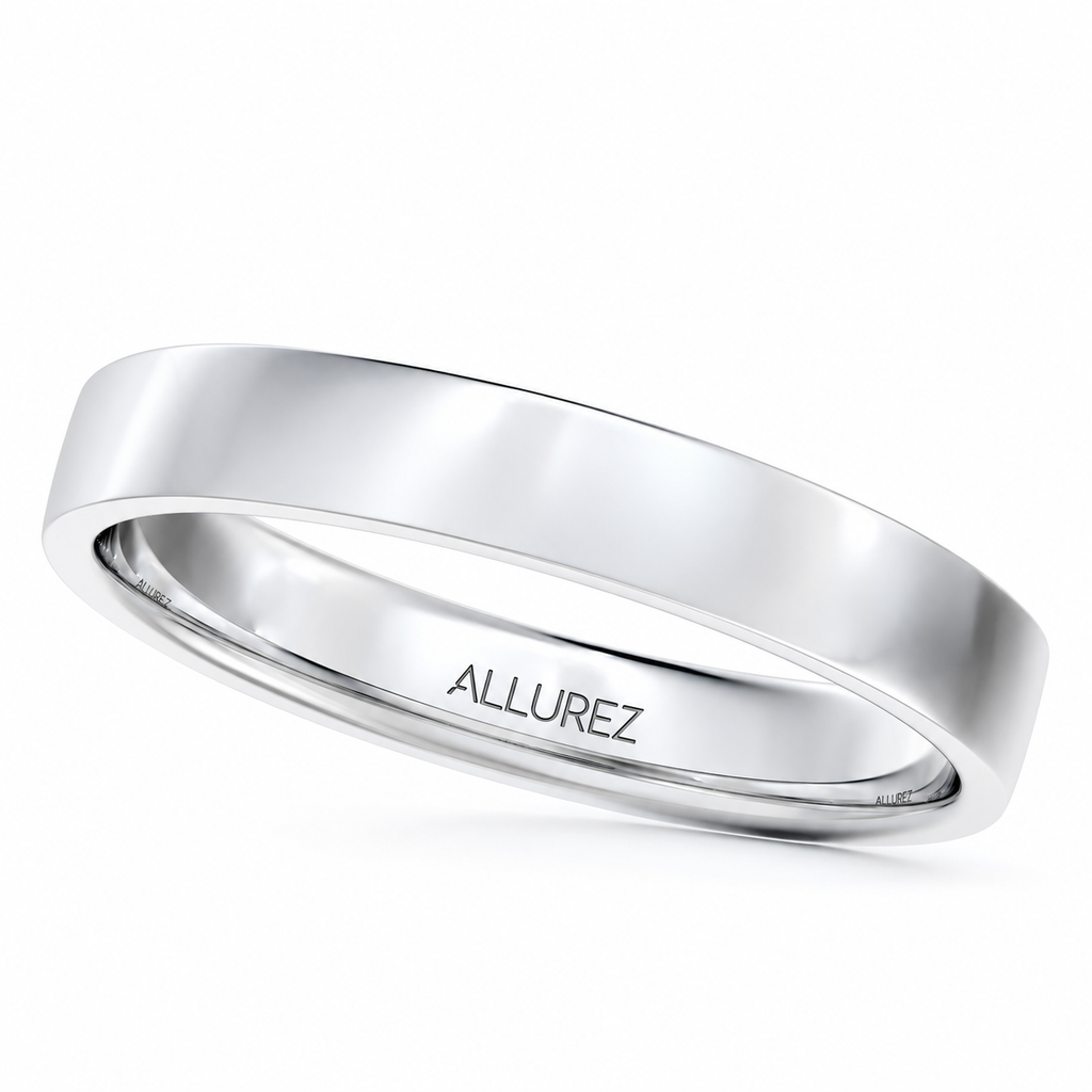 14k White Gold Wedding Band Plain Ring Flat Comfort Fit (3mm) — Angled product view on white