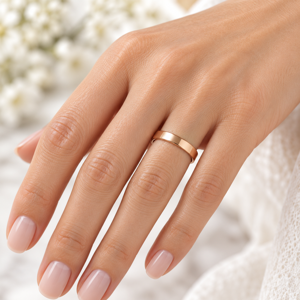 Dome Comfort Fit Wedding Ring Men's European Band 18k Rose Gold (3mm) — Female hand wearing 3mm wedding band