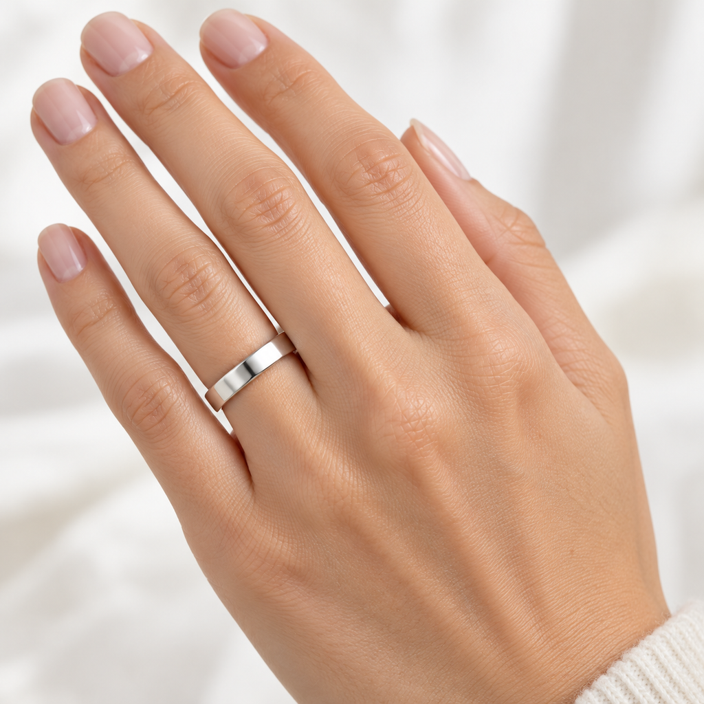 4mm 14k white gold European-fit wedding band on female hand