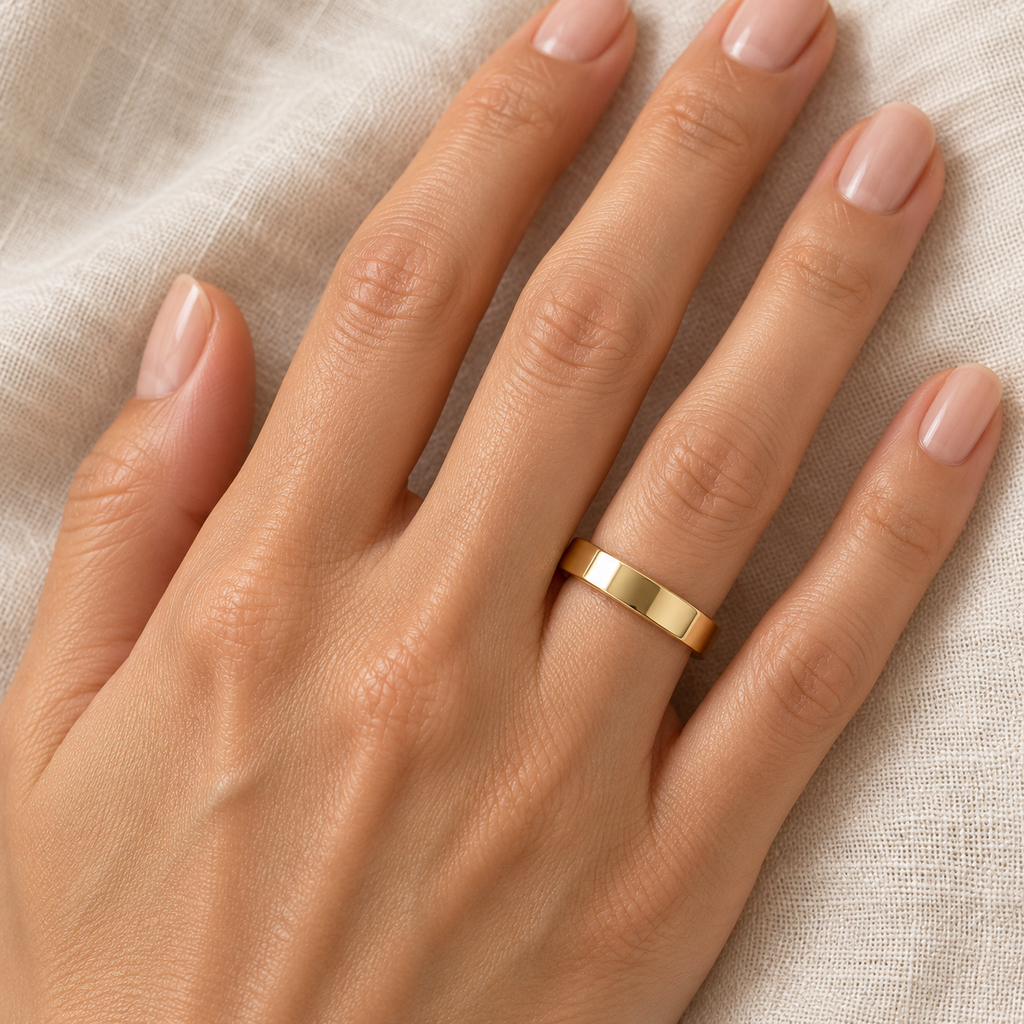 Dome Comfort Fit Wedding Ring Men's European Band 14k Yellow Gold (4mm) - female hand