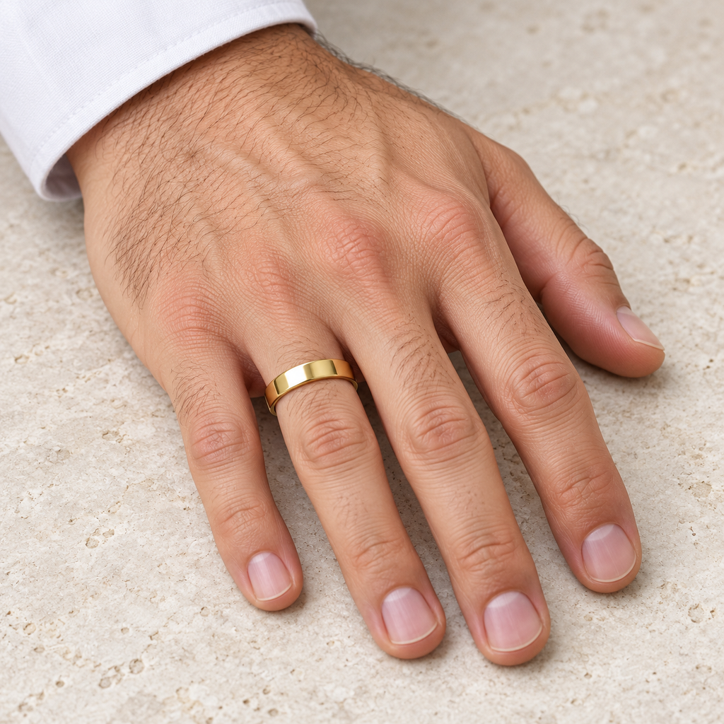 Dome Comfort Fit Wedding Ring Men's European Band 14k Yellow Gold (4mm) - male hand