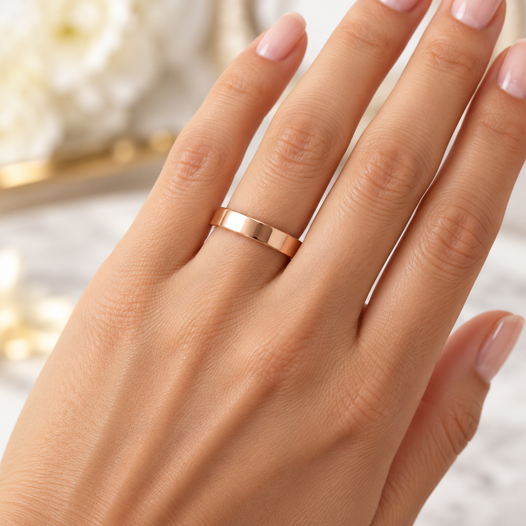 Dome Comfort Fit Wedding Ring Men's European Band 18k Rose Gold (4mm) — Female hand wearing 4mm wedding band