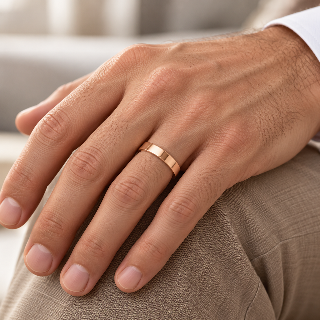 Dome Comfort Fit Wedding Ring Men's European Band 18k Rose Gold (4mm) — Male hand wearing 4mm wedding band