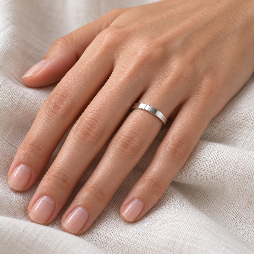 18k White Gold Wedding Band Flat Comfort Fit (3mm) - Female hand wearing wedding band