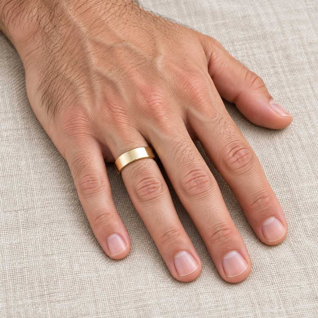 Dome Comfort Fit Wedding Ring Men's European Band 14k Yellow Gold (6mm) — Male hand wearing wedding band