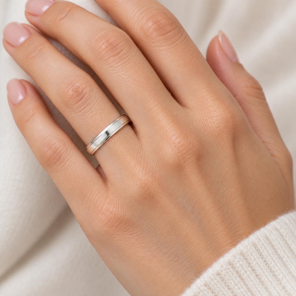 Knife Edge Wedding Ring Band Comfort-Fit 14k White Gold (4mm) — Female hand wearing 4mm wedding band