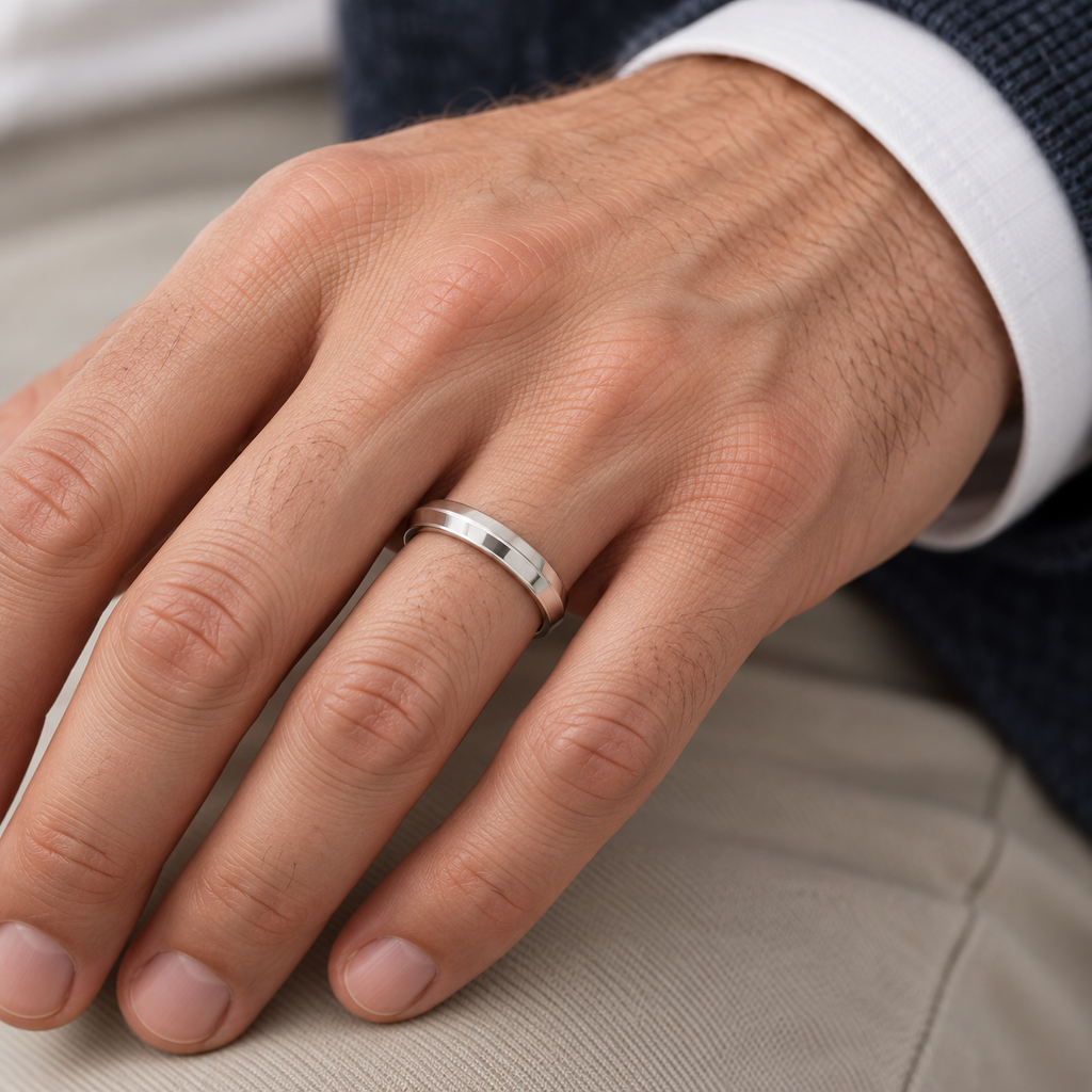 Knife Edge Wedding Ring Band Comfort-Fit 14k White Gold (4mm) — Male hand wearing 4mm wedding band