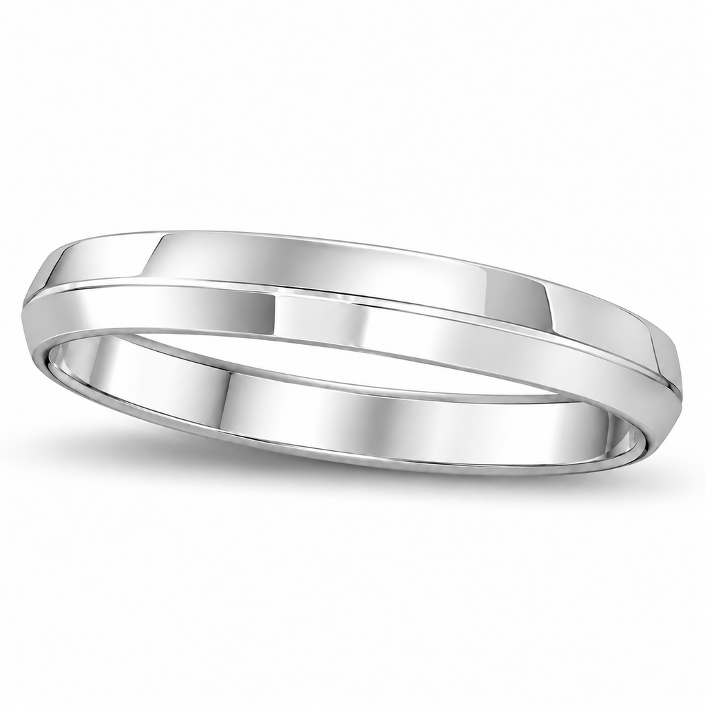 Knife Edge Wedding Ring Band Comfort-Fit 14k White Gold (4mm) — Gentle angled product view with natural shadow