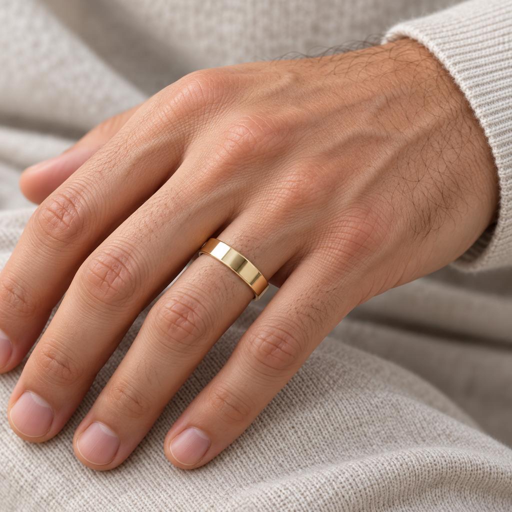 14k Yellow Gold Plain Wedding Band Flat Comfort-Fit Plain Ring (5 mm) — male hand wearing wedding band