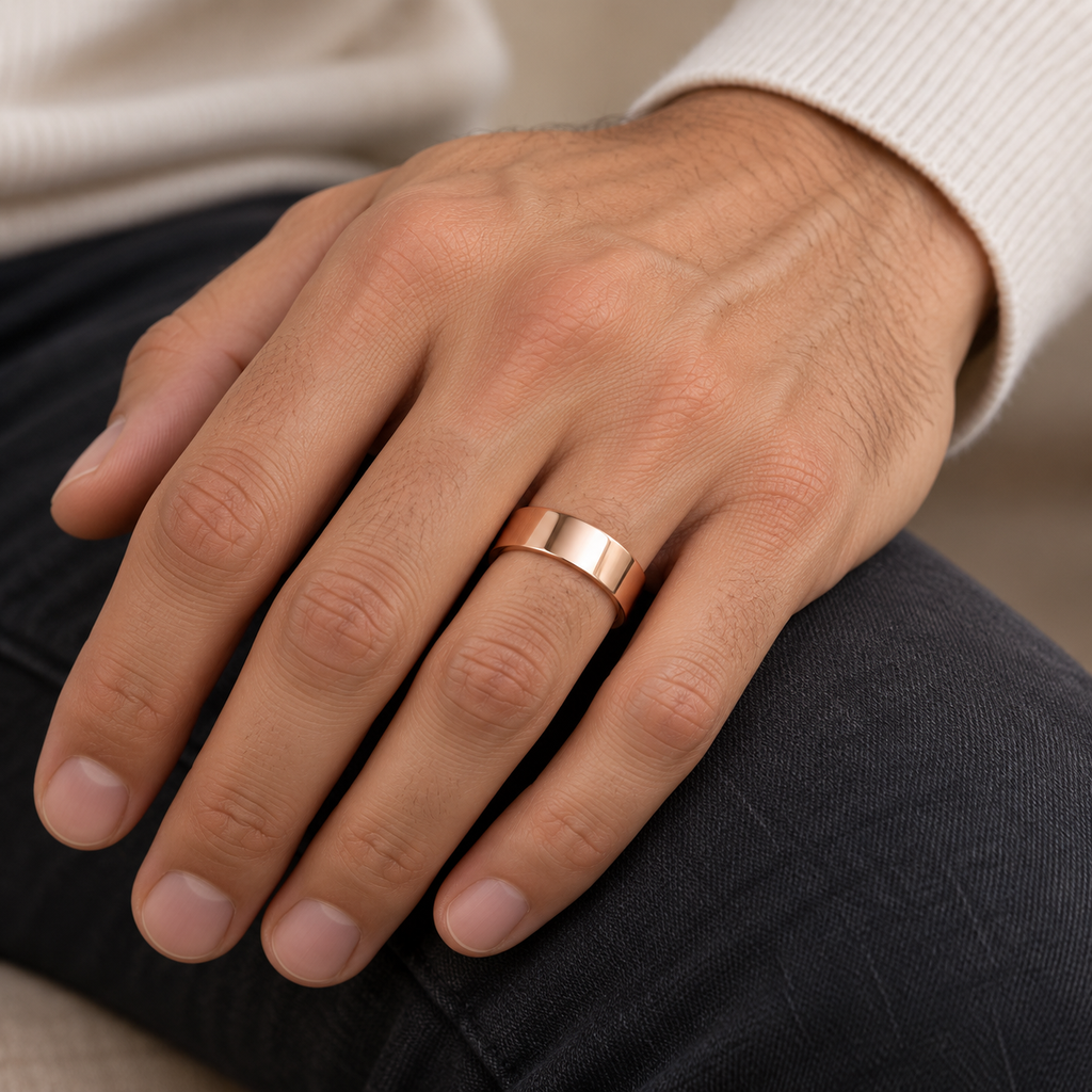 UB625 6mm 14k rose gold flat wedding band on male hand