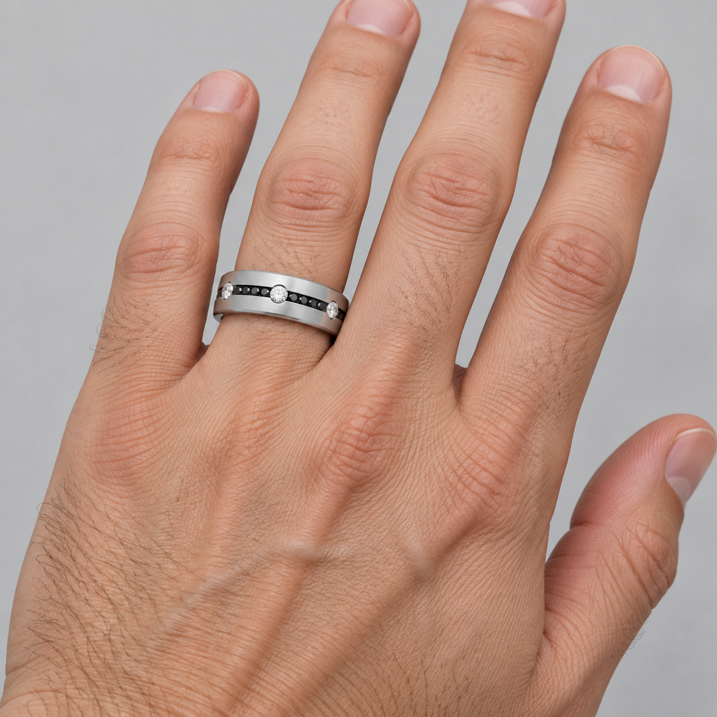 6mm palladium black and white diamond wedding band — male hand