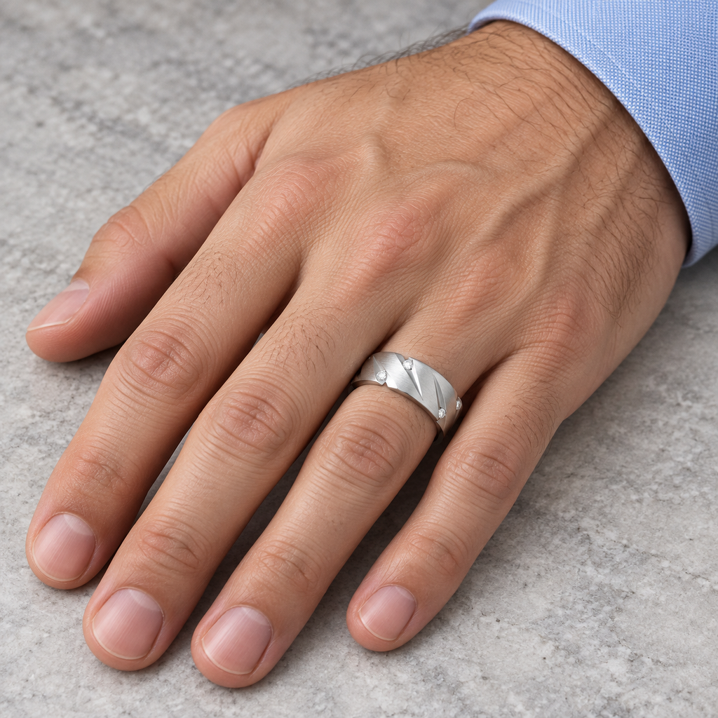 Mens Pointed Groove Diamond Wedding Ring Band 14k White Gold (0.50ct) - Male hand wearing band on ring finger