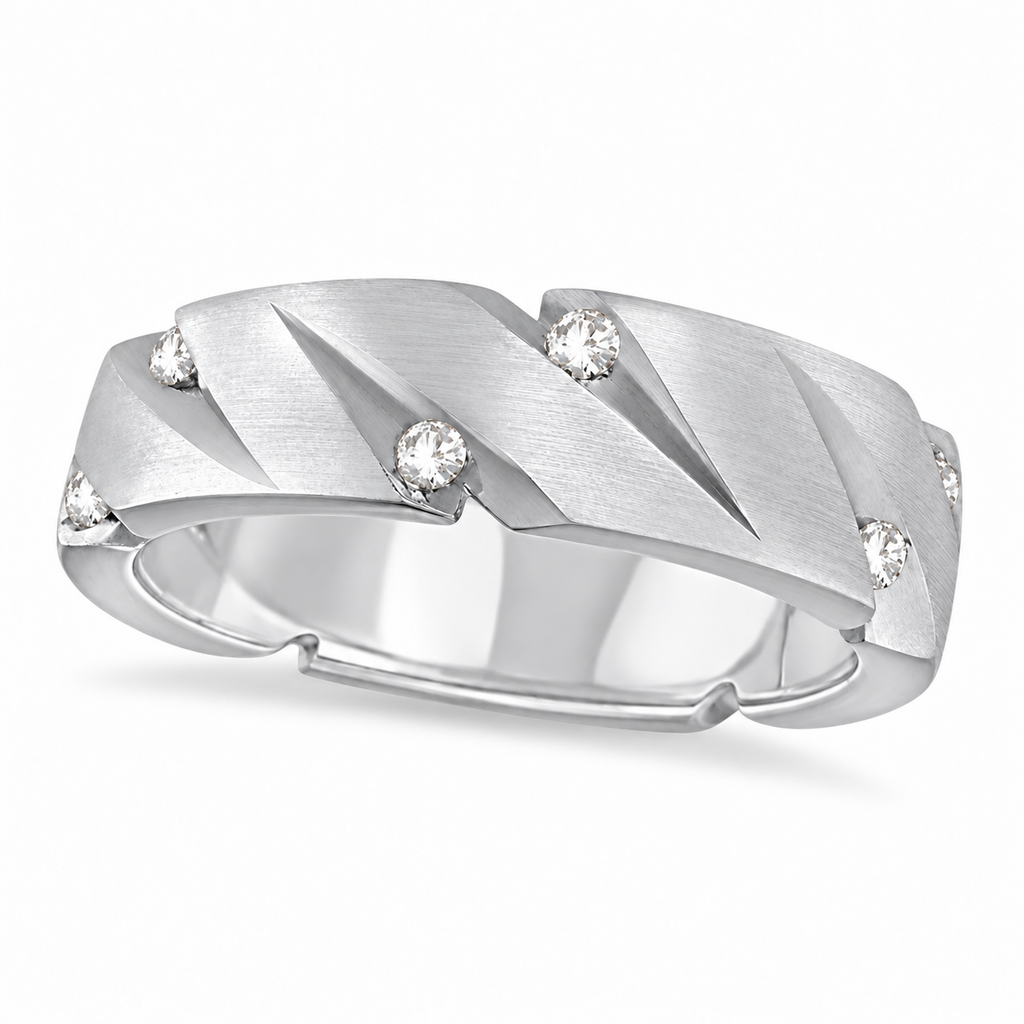 Mens Pointed Groove Diamond Wedding Ring Band 14k White Gold (0.50ct) - Product view on white