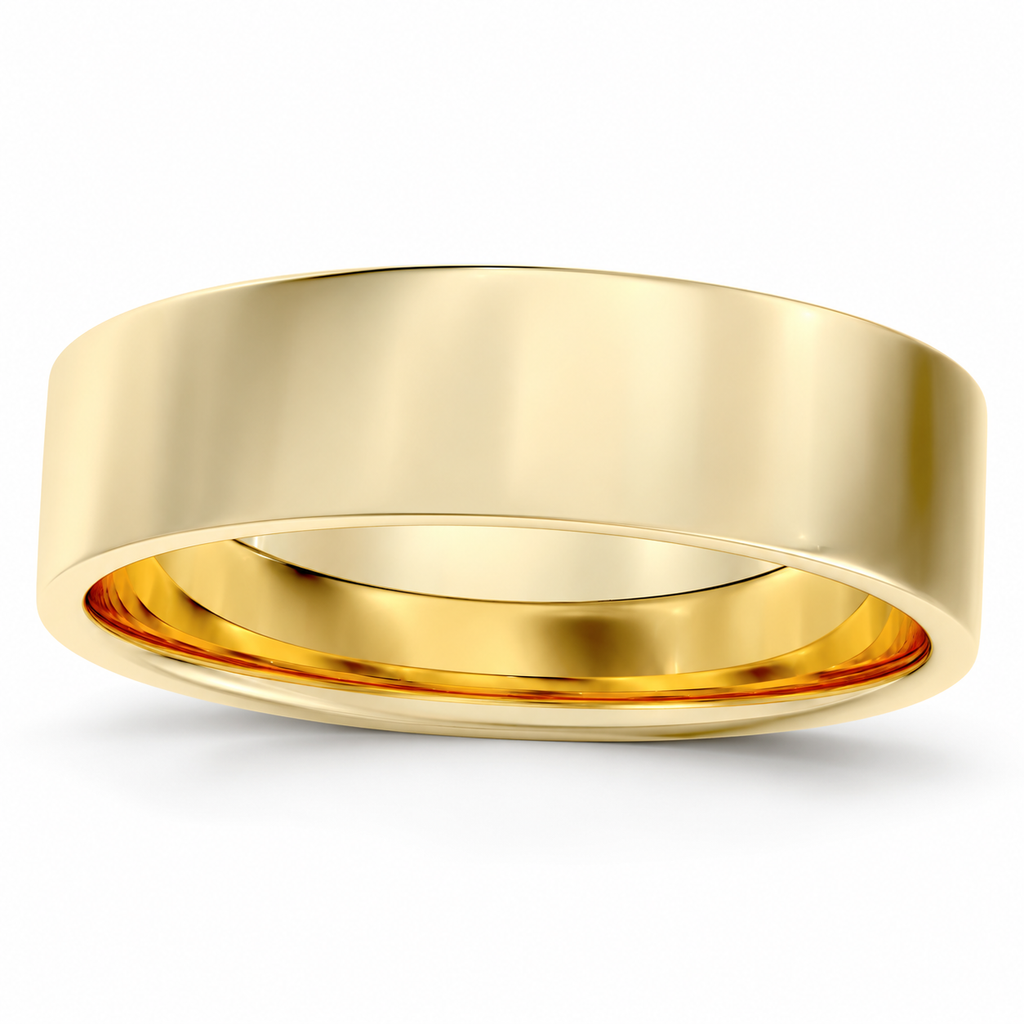 14k Yellow Gold Plain Wedding Band Flat Comfort-Fit Plain Ring (6 mm) — angled product view on white