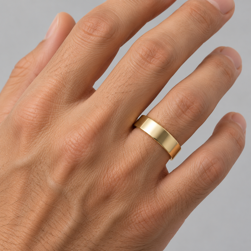 14k Yellow Gold Plain Wedding Band Flat Comfort-Fit Plain Ring (6 mm) — male hand wearing 6 mm wedding band