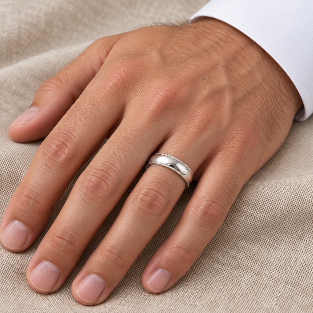 Men's Wedding Band Dome Comfort-Fit Milgrain 14k White Gold (5 mm) — Male hand wearing wedding band