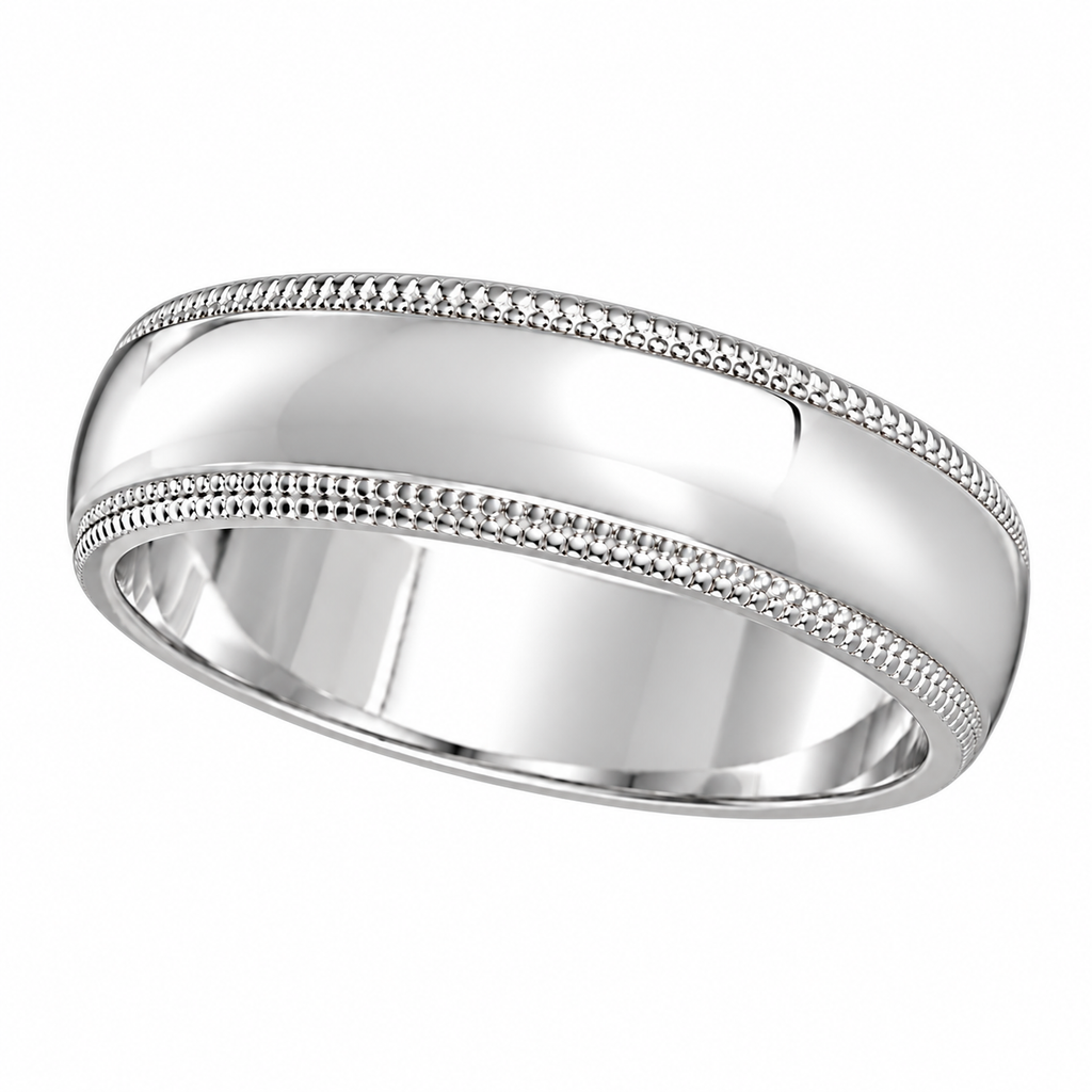 Men's Wedding Band Dome Comfort-Fit Milgrain 14k White Gold (5 mm) — Angled product view on white