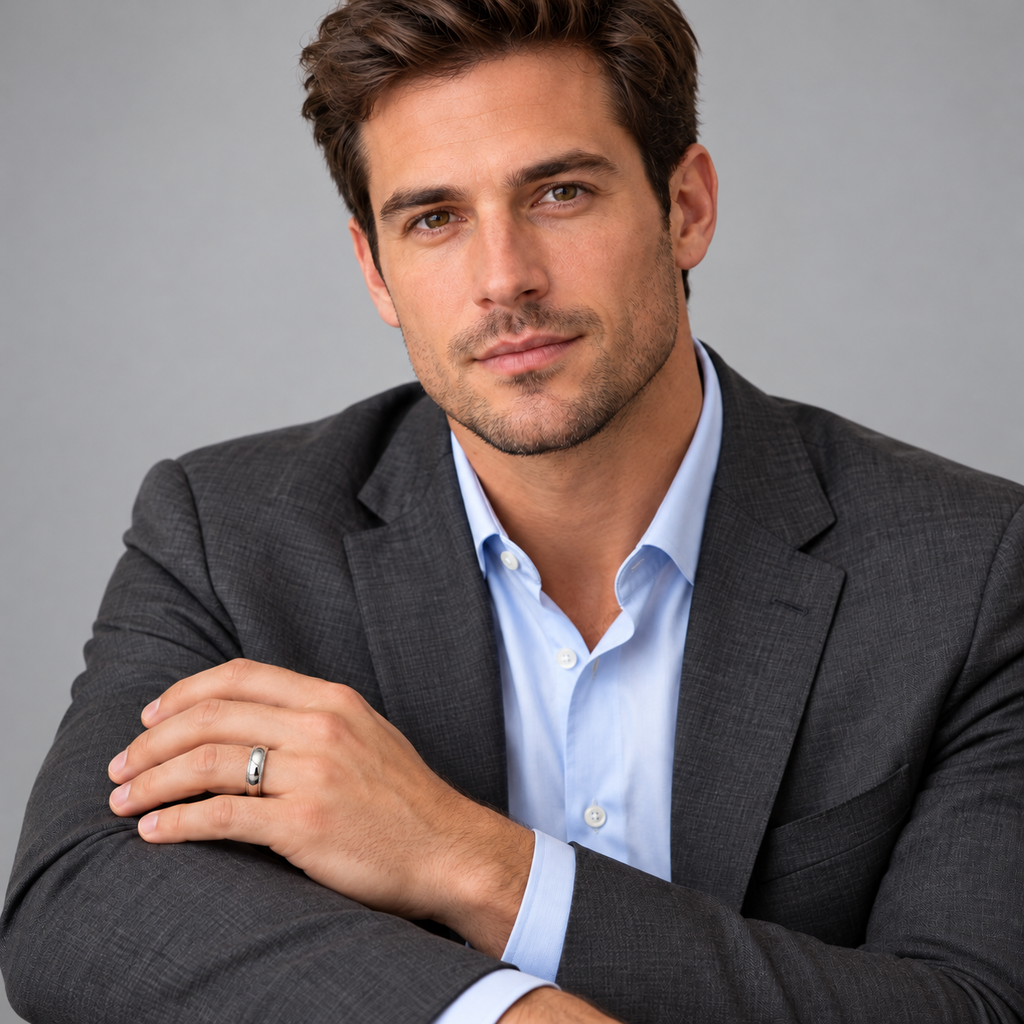 Male model wearing the Allurez UB7 5mm milgrain 14k white gold wedding band in a light gray studio portrait