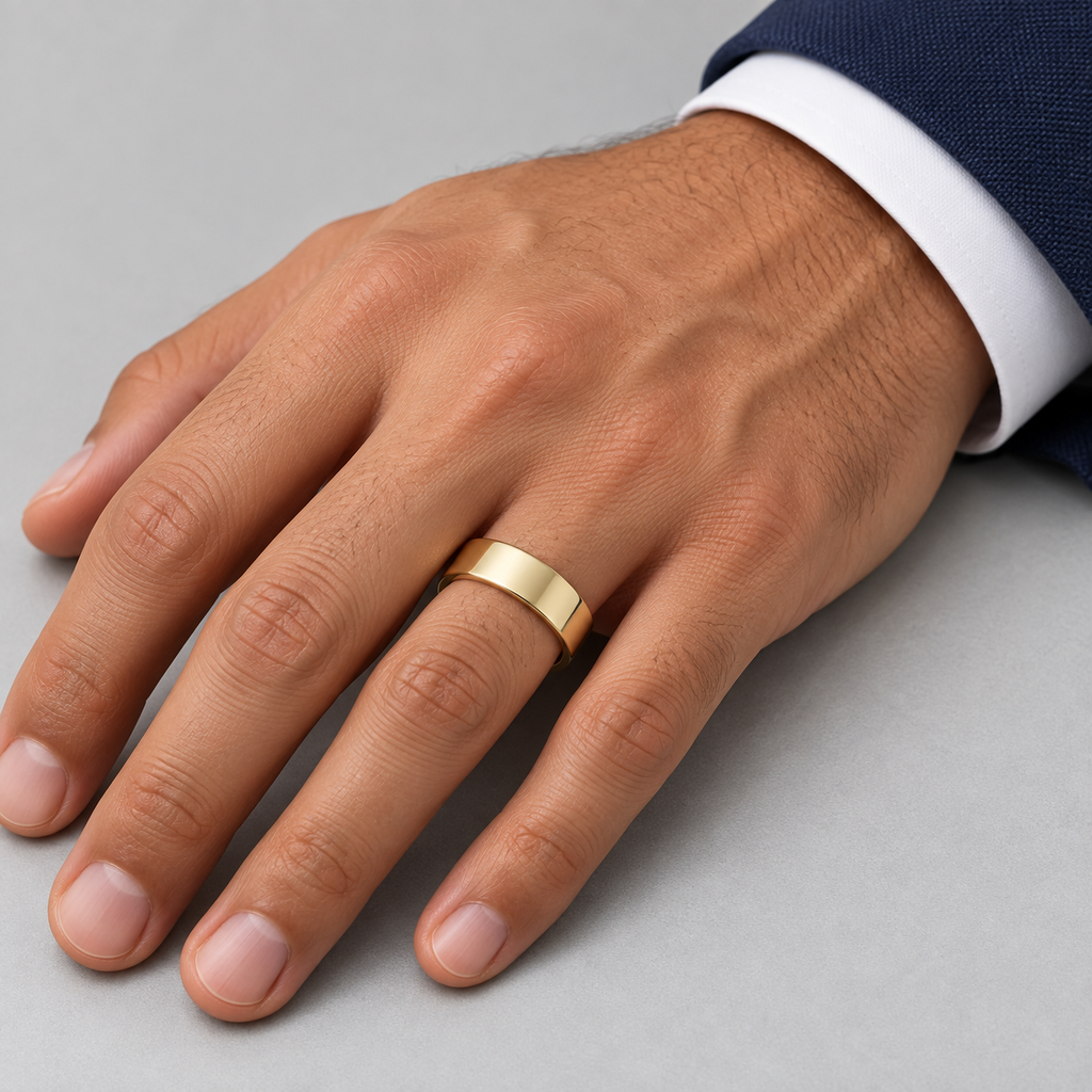 18k Yellow Gold Wedding Band Plain Ring Flat Comfort-Fit (6 mm) — Male hand close-up wearing wedding band