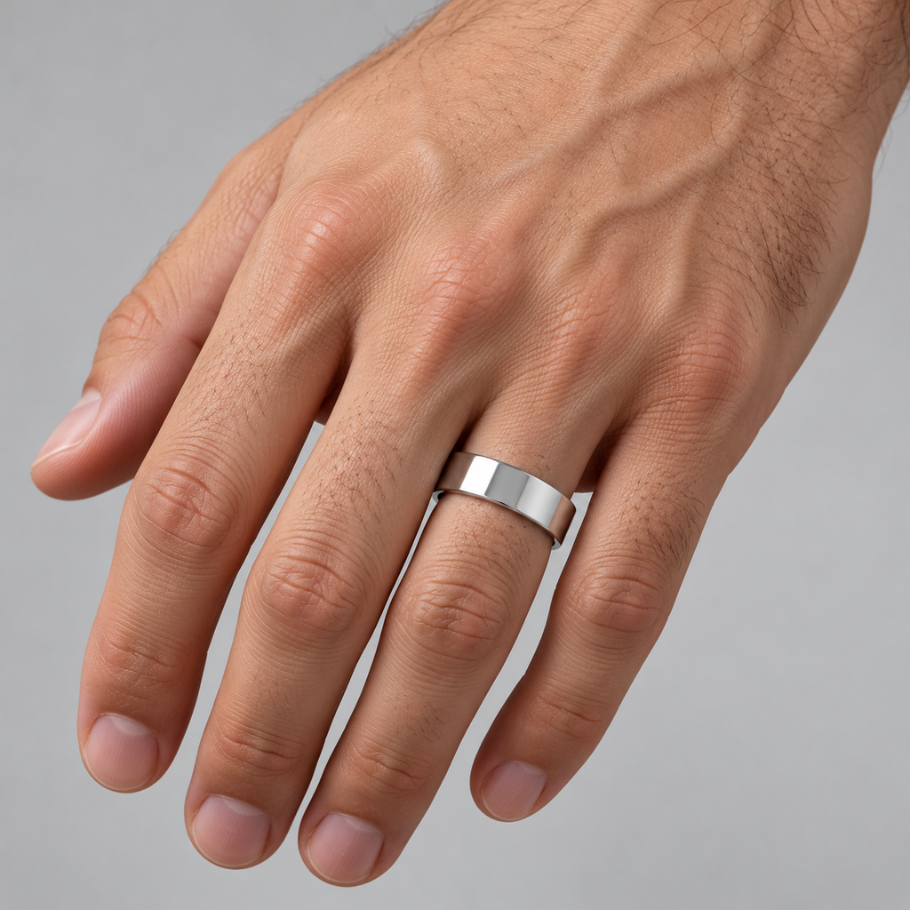 UB71 6mm flat platinum wedding band on a man's left ring finger