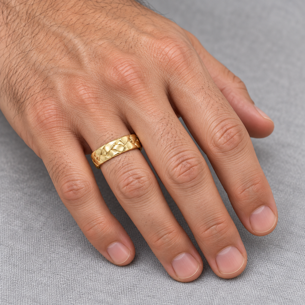Men's High Polish Braided Handwoven Wedding Ring 14k Yellow Gold (7mm) - Male hand wearing band on ring finger