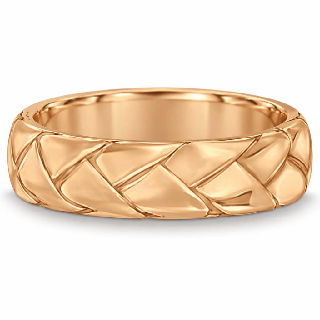 Men's High Polish Braided Handwoven Wedding Ring 18k Rose Gold (7mm) - Front product view on white