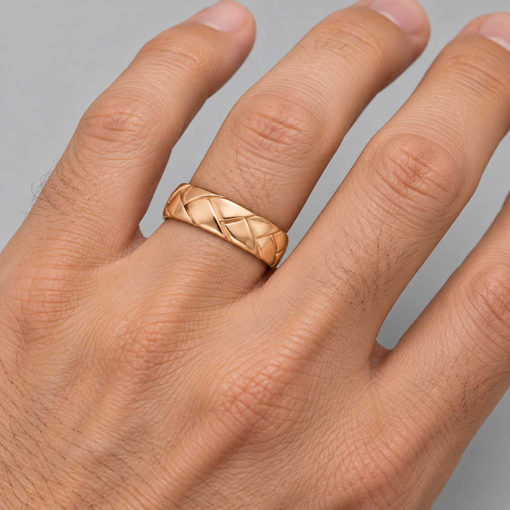 Men's High Polish Braided Handwoven Wedding Ring 18k Rose Gold (7mm) - Male hand wearing band on ring finger