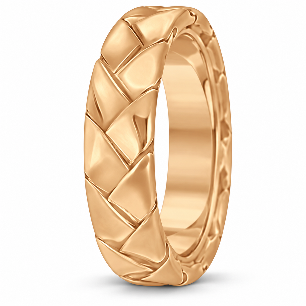Men's High Polish Braided Handwoven Wedding Ring 18k Rose Gold (7mm) - Upright side product view on white