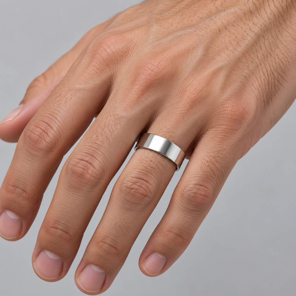 UB75 7mm 18k white gold flat comfort-fit wedding band male hand