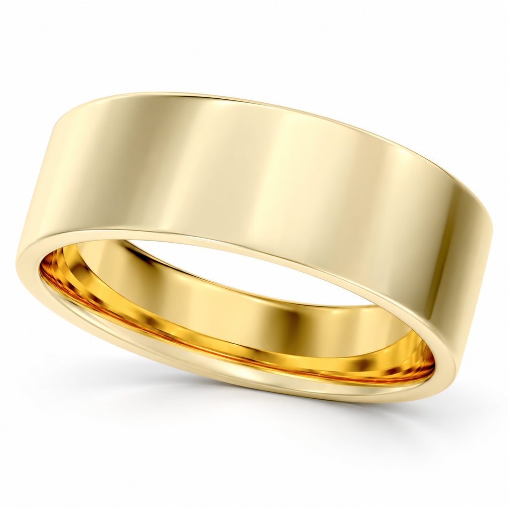 18k Yellow Gold Wedding Band Plain Ring Flat Comfort-Fit (7 mm) — angled product view on white