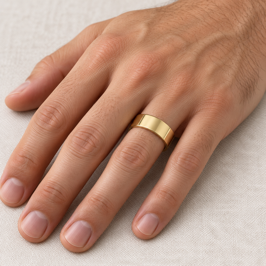 18k Yellow Gold Wedding Band Plain Ring Flat Comfort-Fit (7 mm) — male hand wearing 7 mm wedding band