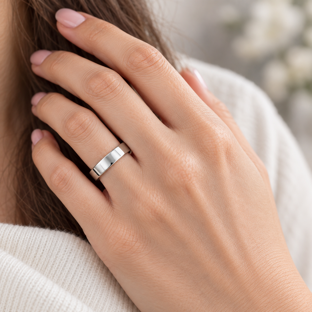 14k White Gold Wedding Band Plain Ring Flat Comfort-Fit (4 mm) — Female hand wearing 4mm wedding band