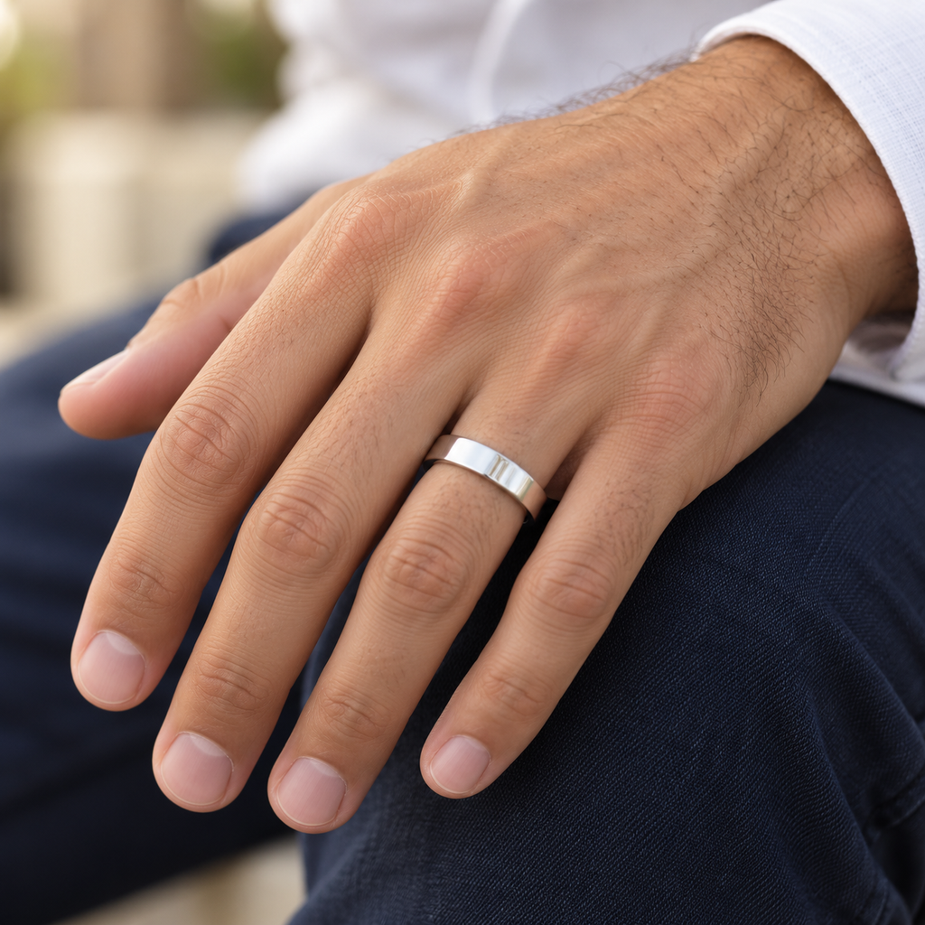 14k White Gold Wedding Band Plain Ring Flat Comfort-Fit (4 mm) — Male hand wearing 4mm wedding band