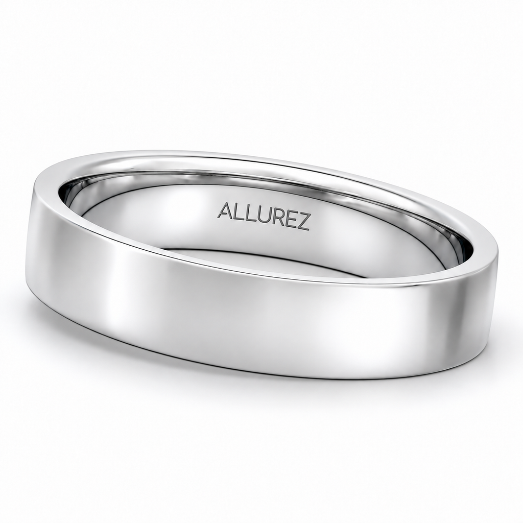 UB79 4mm plain white gold comfort-fit band — gentle angle hero with natural shadow