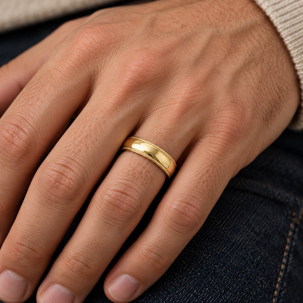 Men's Wedding Band Dome Comfort-Fit Milgrain 14k Yellow Gold (5 mm) — Male hand wearing 5mm wedding band