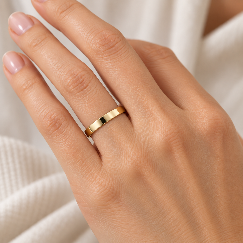 14k Yellow Gold Plain Wedding Band Flat Comfort-Fit Plain Ring (4 mm) — Female hand wearing 4mm wedding band