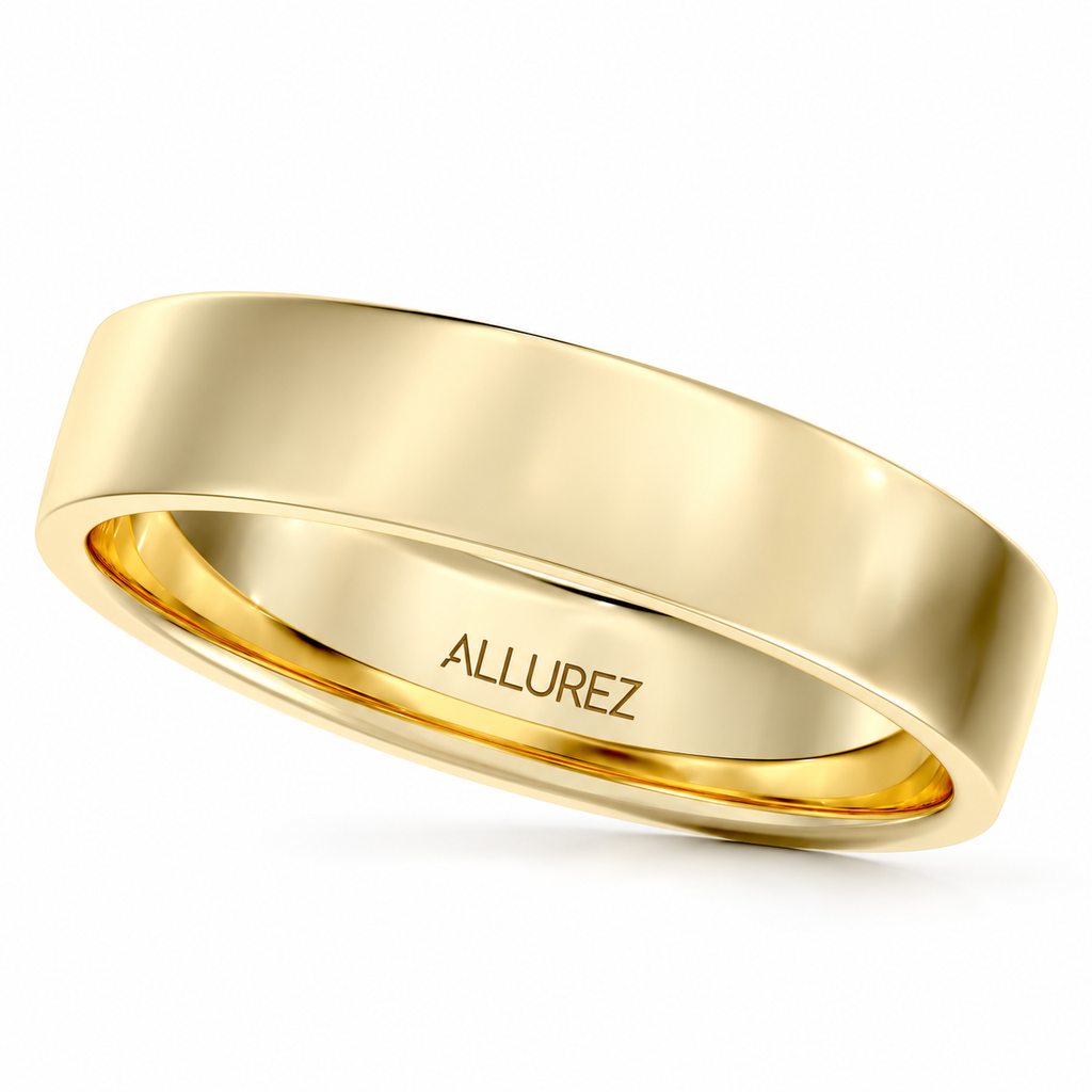 14k Yellow Gold Plain Wedding Band Flat Comfort-Fit Plain Ring (4 mm) — Angled product view on white
