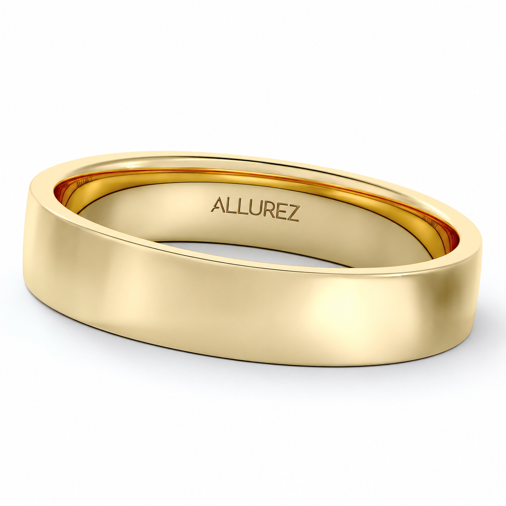 14k Yellow Gold Plain Wedding Band Flat Comfort-Fit Plain Ring (4 mm) — Gently angled product hero on white with natural shadow
