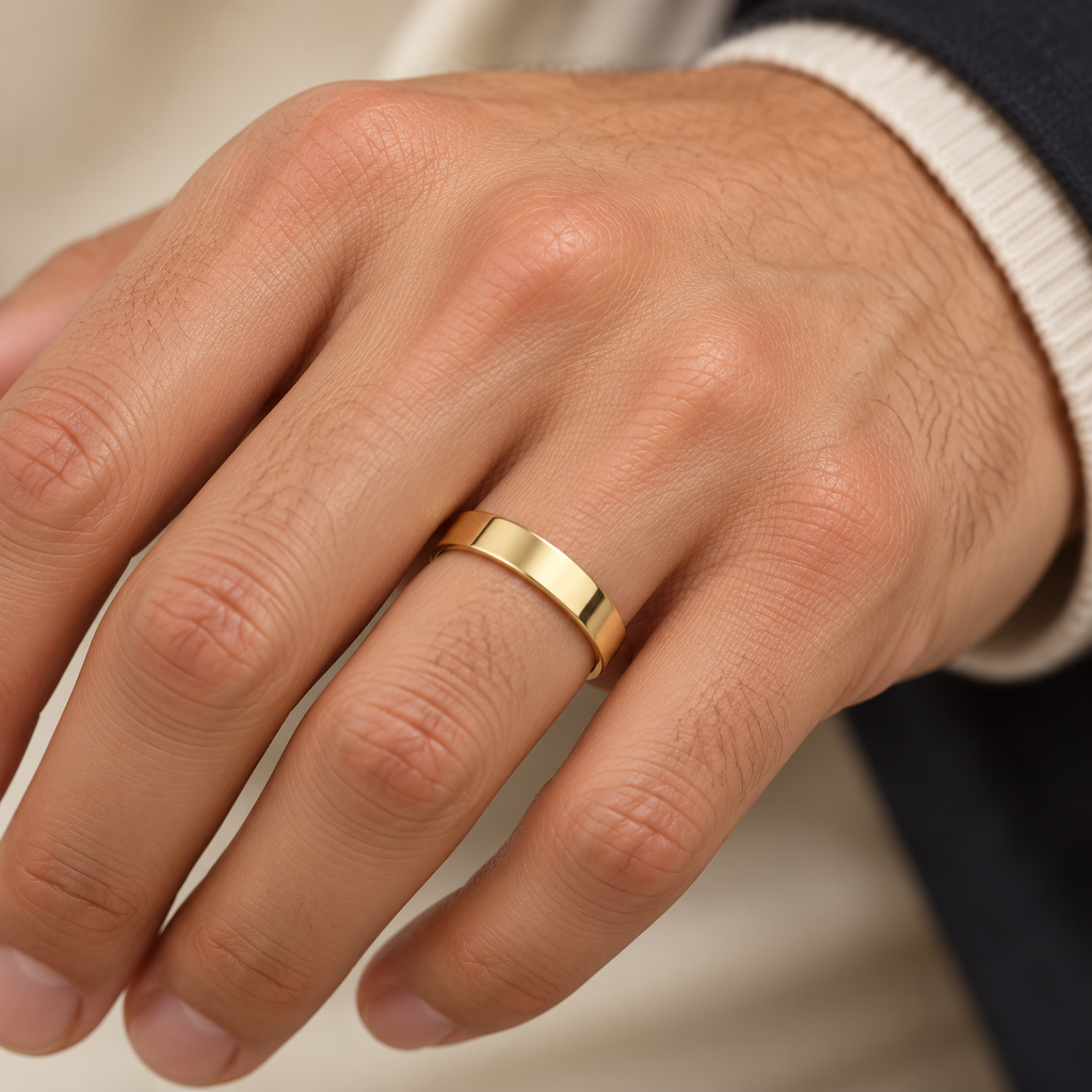 14k Yellow Gold Plain Wedding Band Flat Comfort-Fit Plain Ring (4 mm) — Male hand wearing 4mm wedding band