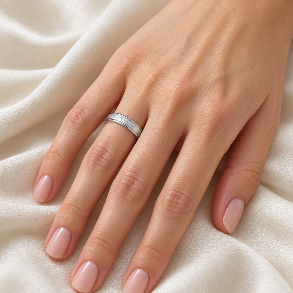 Satin Hammered Finished Carved Wedding Ring Band 14k White Gold (4mm) - Female hand wearing 4mm wedding band