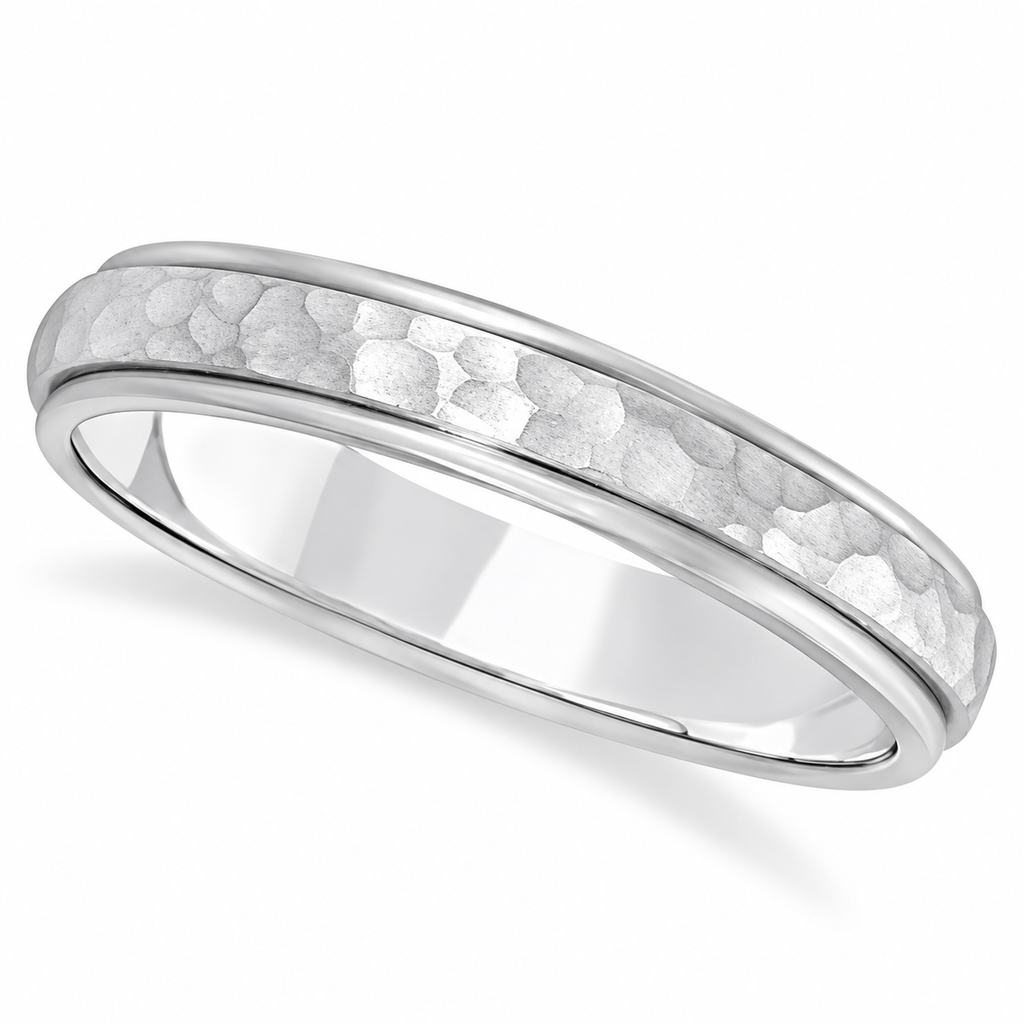 Satin Hammered Finished Carved Wedding Ring Band 14k White Gold (4mm) - Angled product view on white