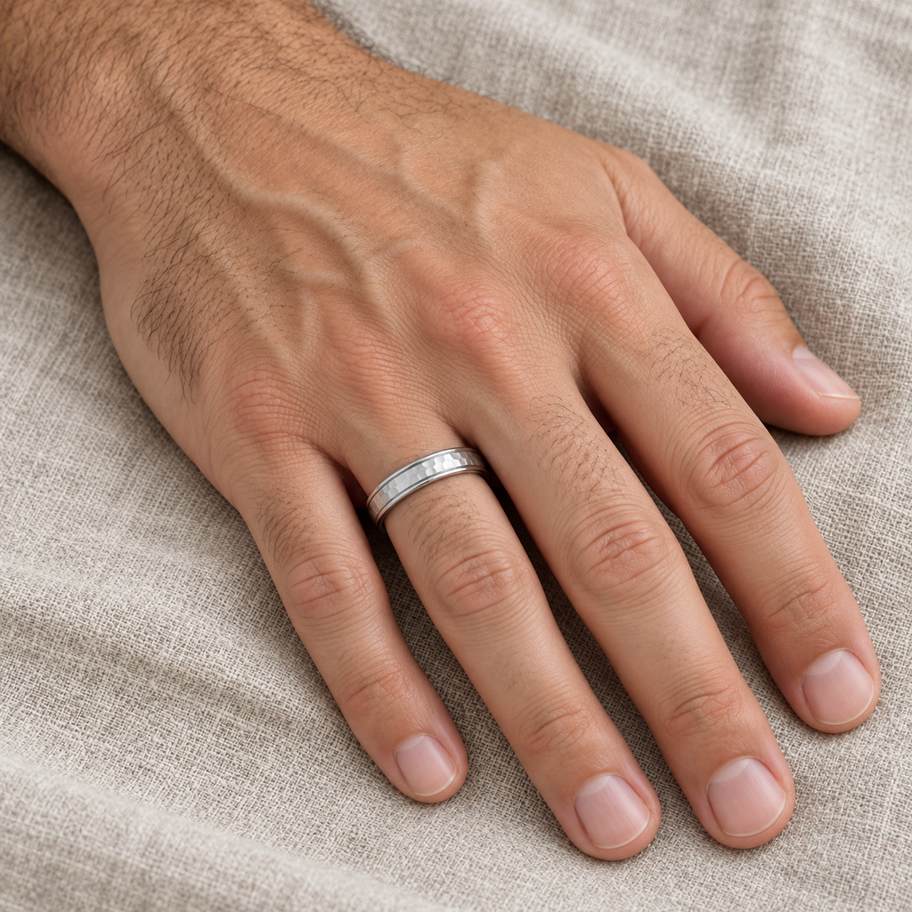 Satin Hammered Finished Carved Wedding Ring Band 14k White Gold (4mm) - Male hand wearing 4mm wedding band