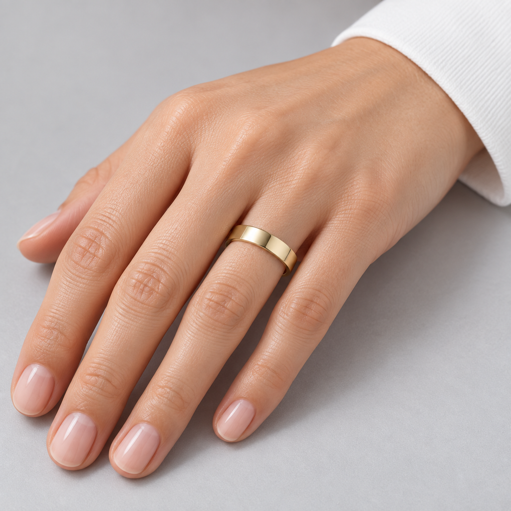 18k Yellow Gold Wedding Band Plain Ring Flat Comfort-Fit (4 mm) — female hand studio image